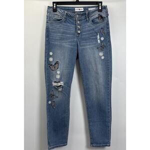 Black Daisy Jamie Relaxed Skinny Button Fly Blue Jeans With Butterfly Size 9/29